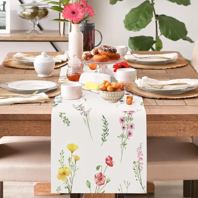 Bonhause Spring Floral Table Runner 13x90 Inch Purple Pink Wildflower Leaves - Image 2