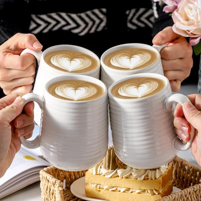 HASENSE Coffee Mugs, 15oz Ceramic Coffee Cups Set of 4, Clay-Infused White | - Image 7