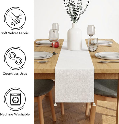 Encasa XO Table Runner, Embossed Velvet, Elegant 13"x94" | White, 175 GSM - Image 4