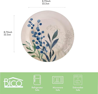 Bico Botanical Valley Salad Plates Set of 4, 8.75 Inch Ceramic Dessert Plates for Salad, Appetizer, Side Dishes, Microwave and Dishwasher Safe, Gift for Housewarming and Thanksgiving