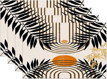 Vintage Mid Century Boho Placemats for Abstract Sun Bamboo Aesthetic Arch Curve Leaves Geometric Washable Place Mats 12x18Inch for Dining Kitchen Farmhouse Decor 4 PCS