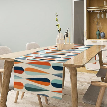 Mid Century Modern Table Runner Retro Blue Orange Grey Water Droplets Geometric - Image 2