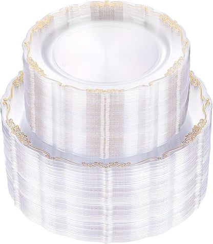 U-QE 100PCS Clear Gold Plastic Plates - Disposable Heavy Duty Clear Plates with Gold Rim Including 50PCS 10'' Dinner Plates & 50PCS 7.5'' Dessert Plates Perfect for Party, Weddings