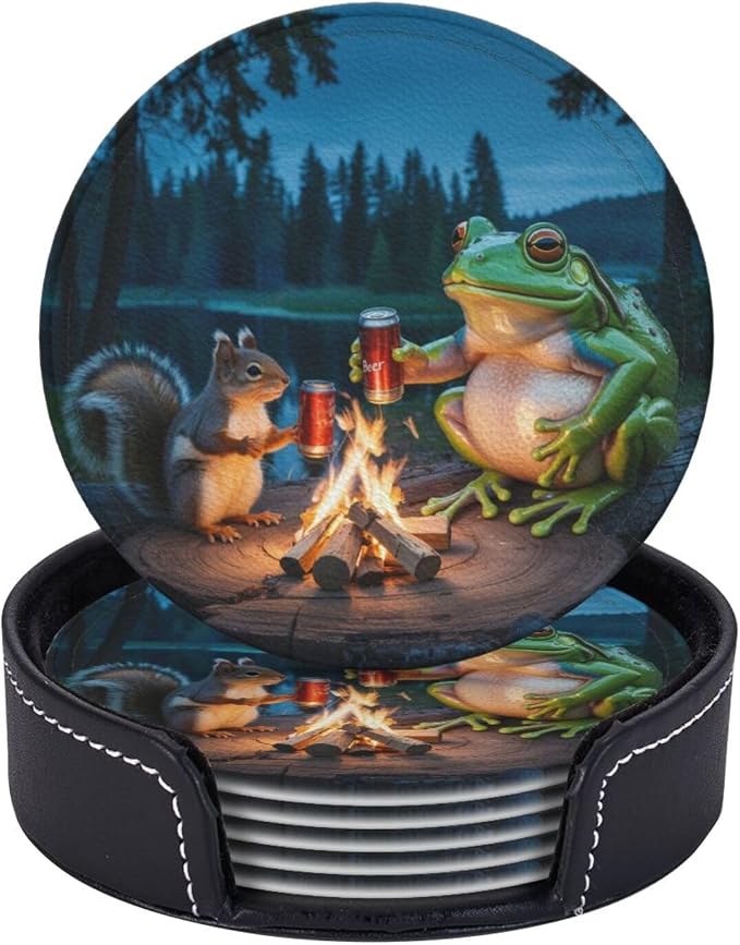 Happy Camper Frog Coasters for Drinks Set of 6, Round Leather Coaster by Unknown