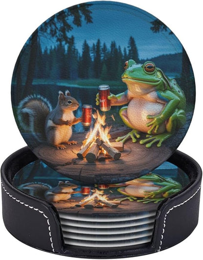 Happy Camper Frog Coasters for Drinks Set of 6, Round Leather Coaster by Unknown