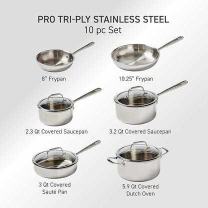 T-fal Pro Tri-Ply Stainless Steel Cookware Set, 10 Piece-Induction Compatible, Oven Safe 500F, Lids-350F, Even Heat, Professional Quality, Durable, Induction Pots and Pans Set, Silver