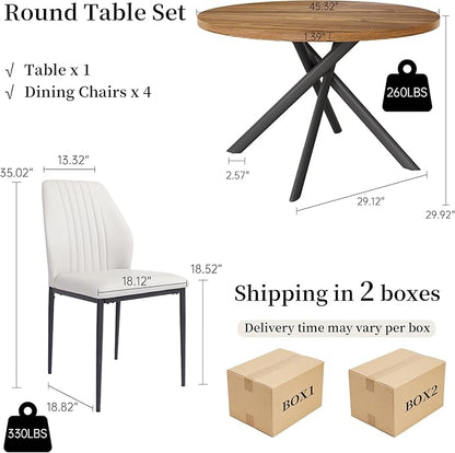 45.3'' Walnut Round Dining Table Set for 4, Mid Century Modern Small Coffee Set for Dining Room Kitchen Apartment (Light Walnut + 4 White Chairs)