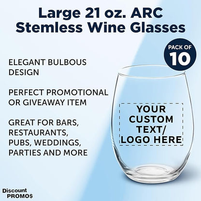 DISCOUNT PROMOS 10 ARC Stemless Wine Glasses Set, 21 oz. - Customizable Text, Logo - Chardonnay, Cabernet, Merlot, Sauvignon - Clear