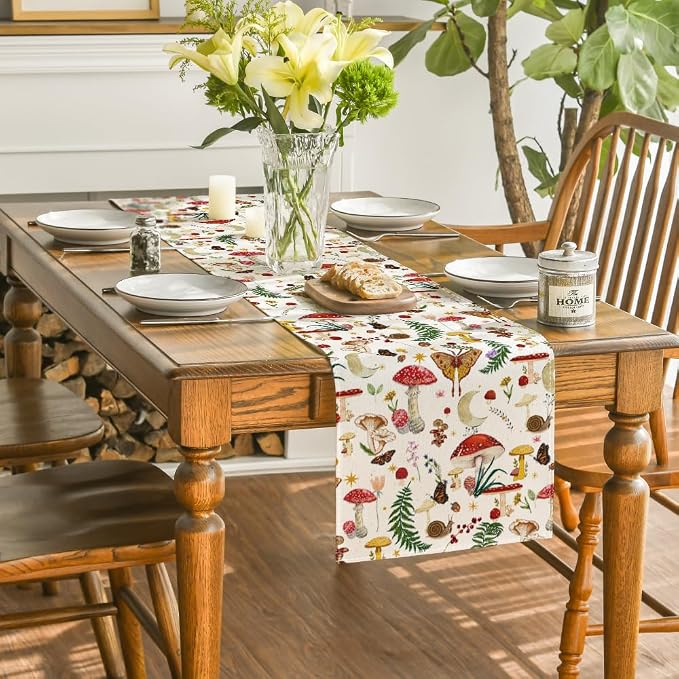 Artoid Mode Beige Modern Mushroom Table Runner, Seasonal Botanic Farmhouse - Image 4