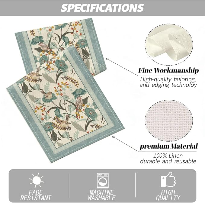 Blue Birds Flowers Blossom Table Runner, Seasonal Spring Floral Decoration | - Image 2