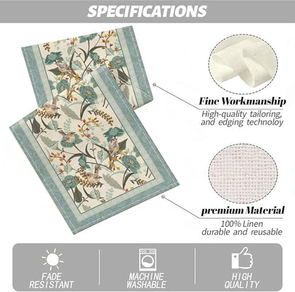 Blue Birds Flowers Blossom Table Runner, Seasonal Spring Floral Decoration | - Image 2