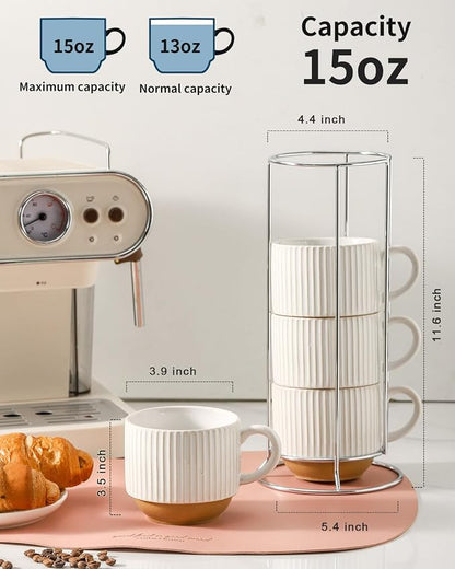 HASENSE 15 oz Ribbed Stackable Ceramic Coffee Mug Set of 4, Dishwasher & - Image 2
