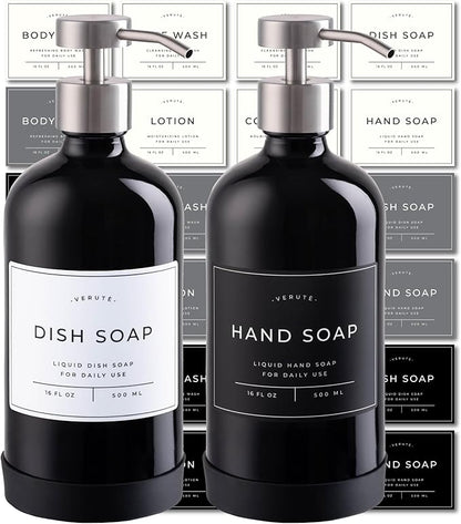 Hand and Dish Soap Dispenser for Kitchen and Bathroom, Set of 2 16 Oz Glass Bottles, Stainless Steel Pumps, Non-Slip Silicone Base, 27 Waterproof Labels (Gloss Black Bottle/Brushed Silver Pump)