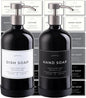 Hand and Dish Soap Dispenser for Kitchen and Bathroom, Set of 2 16 Oz Glass Bottles, Stainless Steel Pumps, Non-Slip Silicone Base, 27 Waterproof Labels (Gloss Black Bottle/Brushed Silver Pump)