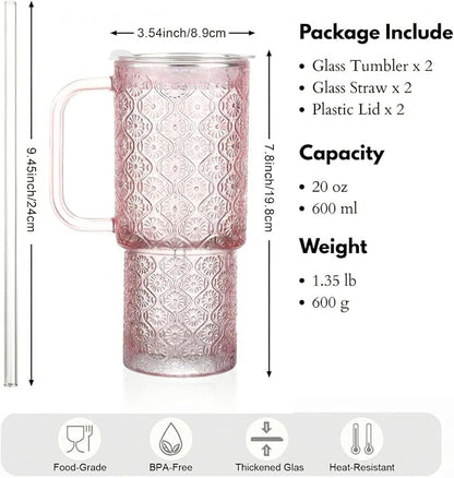 20 oz Pink Glass Tumbler with Lid and Straw, Glass Iced Coffee Cups, - Image 7