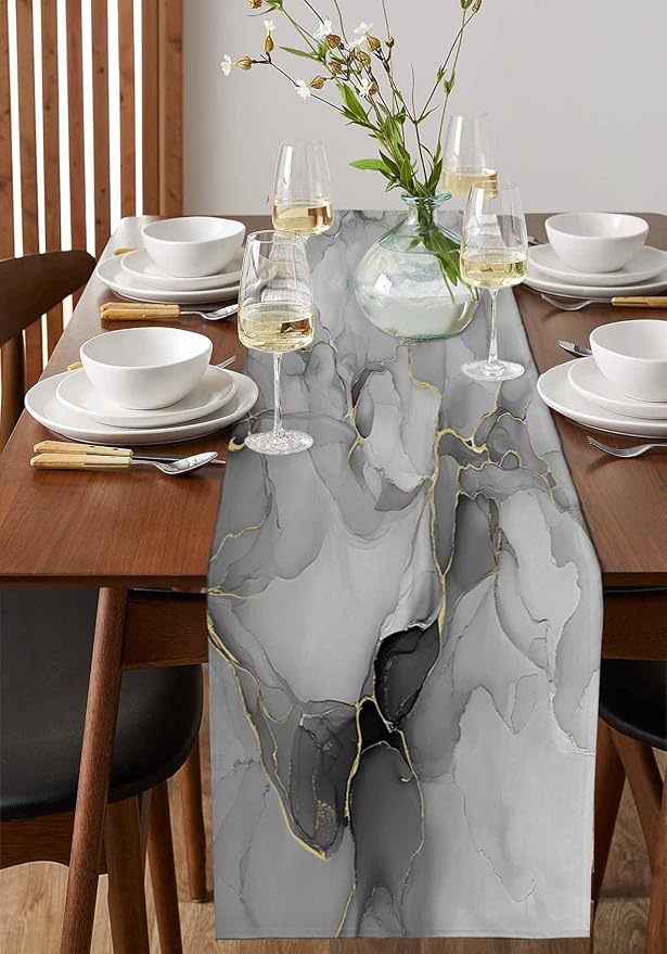 Grey Marble Short Table Runners 36 Inches, Cotton Linen Fabric Table Runner - Image 2