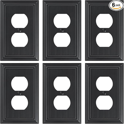 6-Pack Classic Beadboard Duplex Outlet Cover Plate, Decorative Matte Black Switch Plates and Outlet Covers, Natural Bamboo Fiber Wall Plates for Electrical Outlets, 1 Gang Receptacle Cover