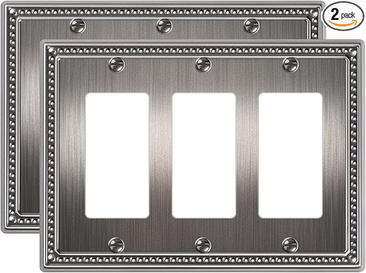 2-Pack Triple Decorator Outlet Cover Plate, Antique Silver Pearls Decorative Switch Plates and Outlet Covers, Metal Wall Plates for Electrical Outlets