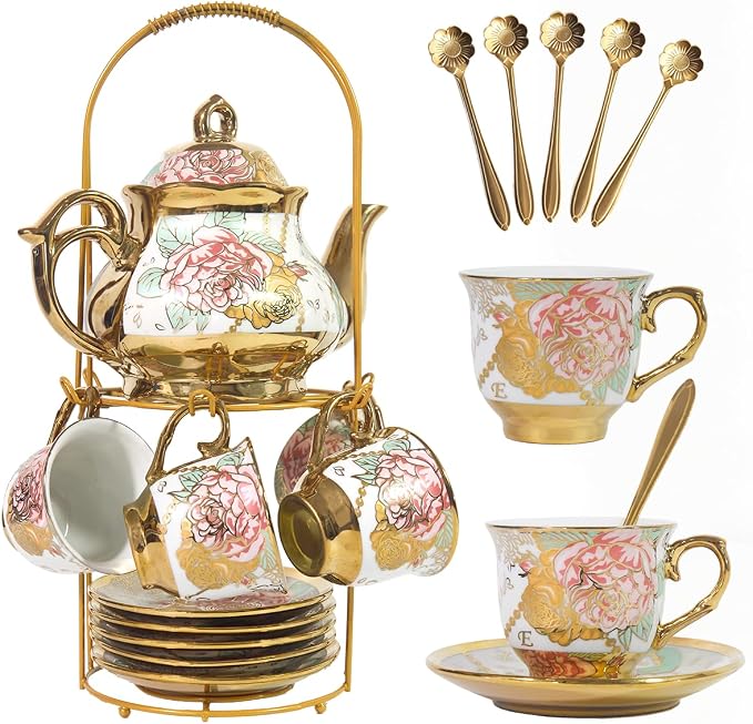 CHANJOON Gold Plated Red Rose Ceramic Tea Set, Vintage Tea Sets by CHANJOON