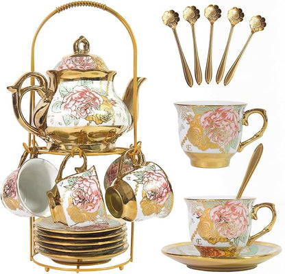 CHANJOON Gold Plated Red Rose Ceramic Tea Set, Vintage Tea Sets by CHANJOON