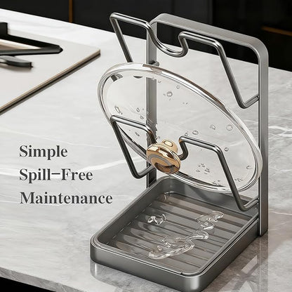 OJJ 2026 Upgraded Kitchen Pot Lid Storage Rack,Rust Resistant Kitchen Organizer for Various Lids & Utensils, With Removable Drip Tray,For Countertop Space-Saving Lid Rack(Double Layer-Gray)