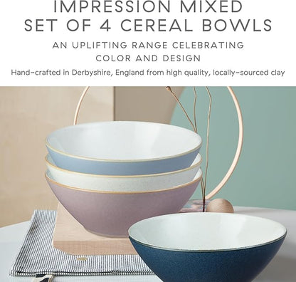 Denby - Impression Mixed Color Cereal Bowls Set of 4-18.6oz Dishwasher Microwave Safe - Scratch Chip Resistant - Modern Angular Shape - Tableware for Nibbles, Dips, Side Dishes, Cereal & Desserts