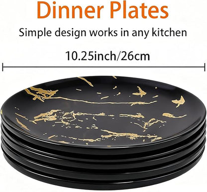 6-Piece Dinner Plate Set, 10-Inch Black Marble Ceramic Plates with Gold Rim, Oven & Microwave Safe, Elegant Appetizer Salad Dessert Plates for Modern Dining, Dishwasher Safe.