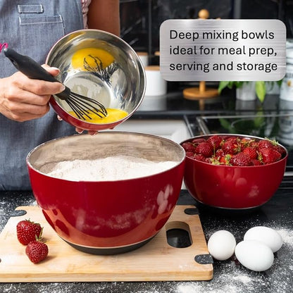 WHYSKO® Stainless Steel Mixing Bowls (Set of 3) with Non-Slip Silicone Base for Kitchen, Dishwasher Safe Bowls for Meal Prep, Cooking, Baking, Serving, Food Storage (Red)