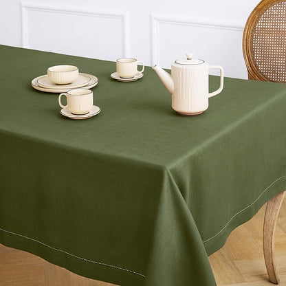 Solino Home Olive Linen Tablecloth 60 x 120 Inch - 100% Pure Linen Hemstitch Table Cloth for Rectangle Tables - Classic Hemstitch, Machine Washable Tablecloth for St Patricks Day