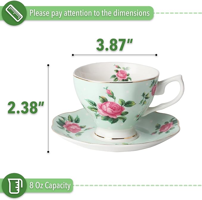 BTaT- Floral Tea Cups and Saucers, 8 oz, Fine Porcelain Teacup Set - Image 3