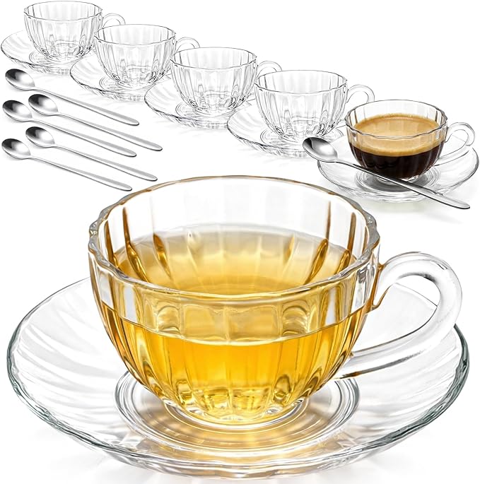 Noamus 6 Pack Glass Teacup and Saucer&Spoons Set, 5Oz/150ml Clear Coffee Mugs - Image 8