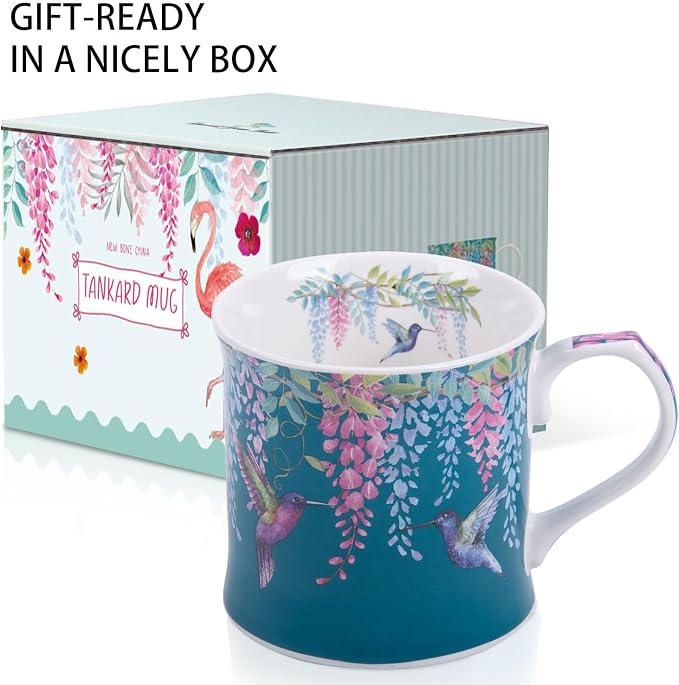 Spring Hummingbird Floral Coffee Mug, 12oz Dark Teal Ceramic Mug - Image 4