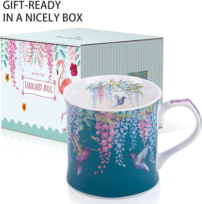 Spring Hummingbird Floral Coffee Mug, 12oz Dark Teal Ceramic Mug - Image 4