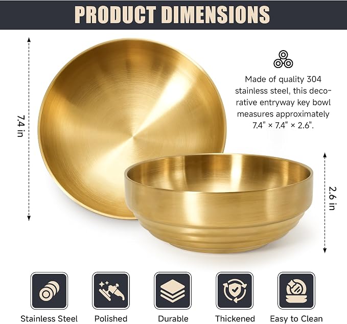 7.4" Gold Decorative Bowl Key Bowl Stainless Steel Fruit Bowl Modern Stylish - Image 2