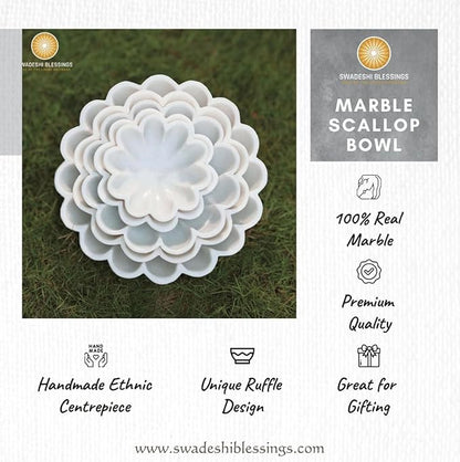 HandCrafted Marble Decorative Bowl | White Ruffle Scalloped Fluted Key/Fruit Ring Dish | Organic Modern Home Decor (10 Inches)
