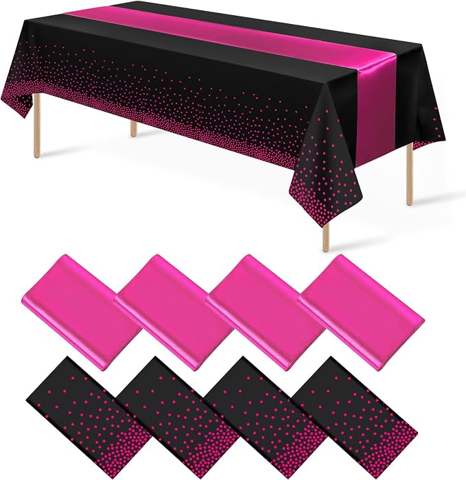 8Pack Disposable Plastic Party Tablecloths and Satin Table Runner Set Black Hot by MASHAN