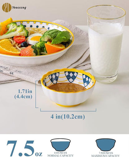 Yeacccng Small Bowls Set of 6, Small Colorful Bowl, Also Suitable as Soy Sauce Dish, 4 Inch Ceramic Sauce Bowls, Ideal for Serving Sushi, Cereals, Appetisers, Desserts, Ketchup, Olive Oil, 7.5 Oz