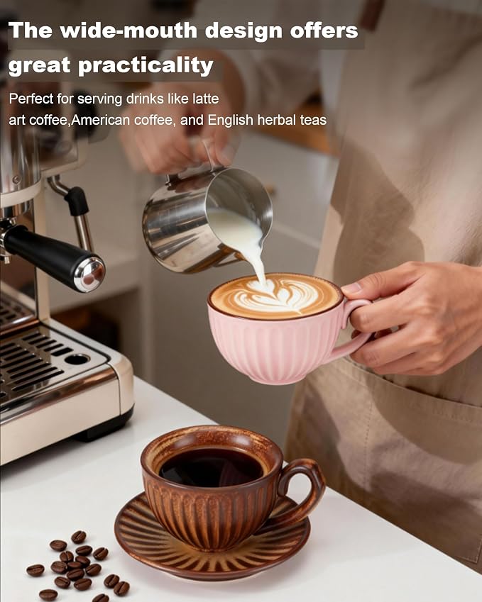 Ceramic Coffee Cup and Saucer Set, 11 oz Latte Cappuccino Cup - Image 4