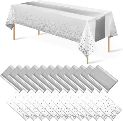 MASHAN 24Pack Disposable Plastic Tablecloths and Satin Table Runner Set White by MASHAN