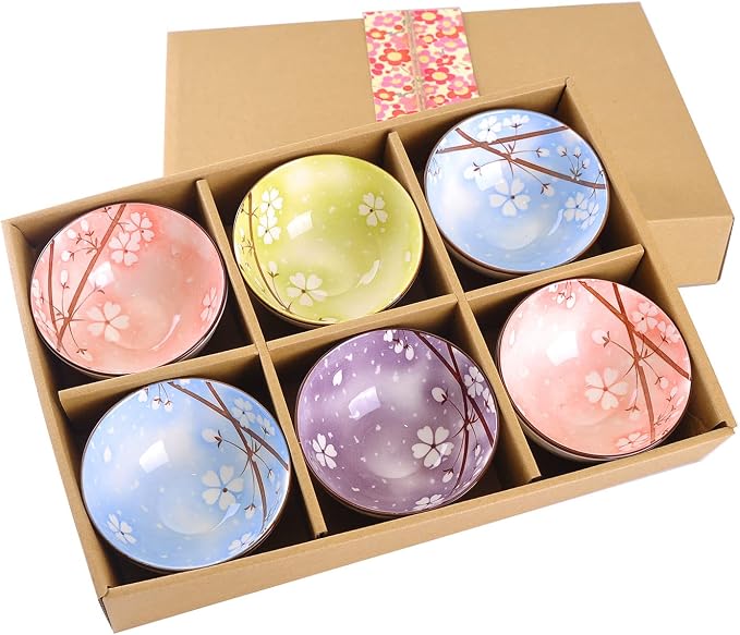 WHJY Cherry Bloom Chinese Japanese Ceramic Rice Bowl 10 oz, Sakura Bowl Gift Set by WHJY