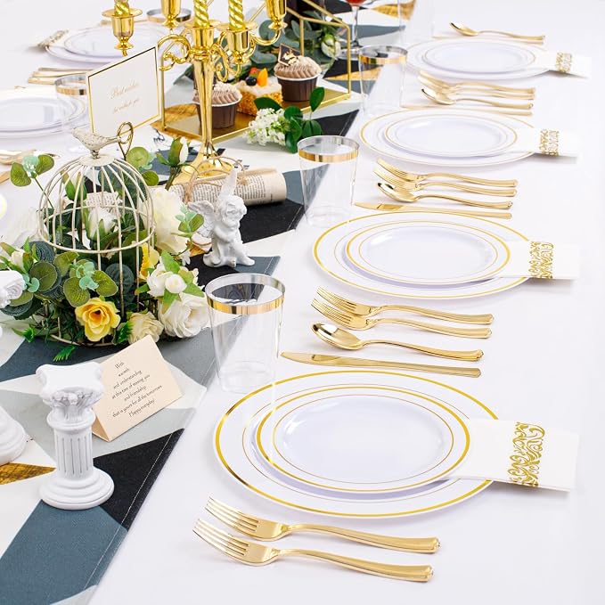 350 Pieces White and Gold Plastic Plates - Image 2