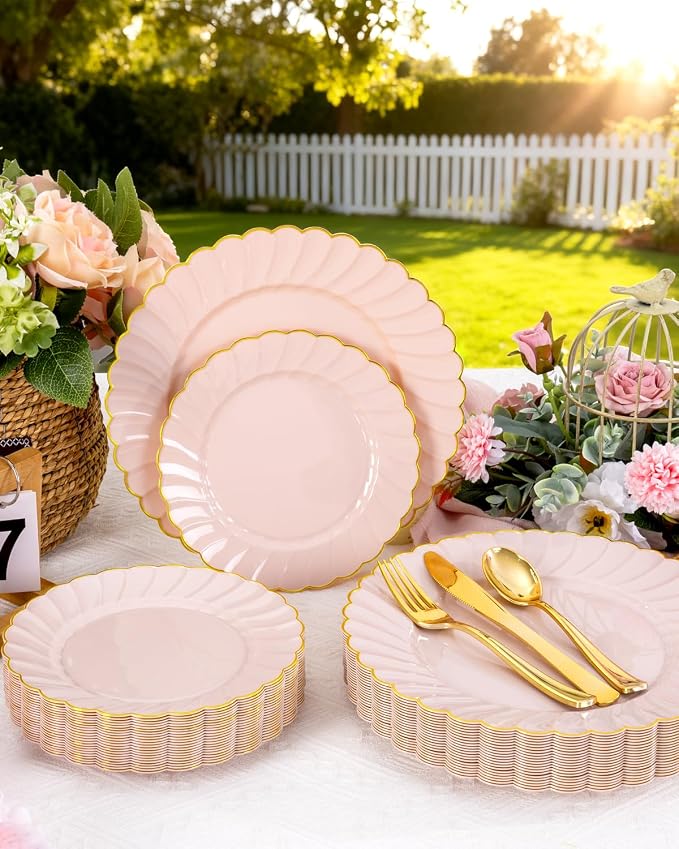 YOUBET 100PCS Pink and Gold Scalloped Plastic Plates - Image 5