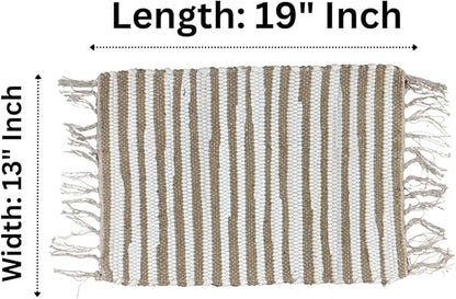 Perilla Home Placemat Set of 4 - Cotton Jute Blend Square Placemats - Farmhouse Rustic Woven Bohemian Machine Washable Table Mats with Tassels for Dining Table Decor (Brown & White)