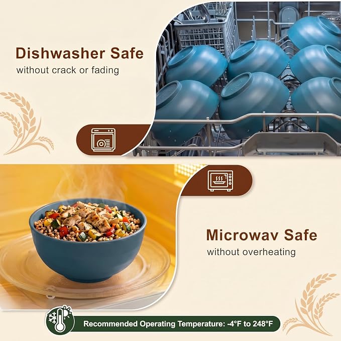 60oz Wheat Straw Bowls Sets of 8, Unbreakable & Stackable Ramen Bowl, Microwave - Image 4