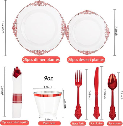 Hioasis 175pcs Clear and Red Plates - Red Party Plates for 25 Guest, Include 50 Heavy-duty Plates(20% Thicker Than Standard), 25 Pre Rolled Gold Plastic Silverware Set, 25 Cups