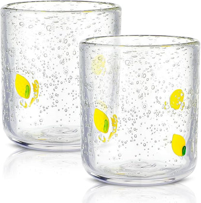 Icon Juice Glasses, 14oz Stemless Wine Drinking Juice Glass Cup for Valentine Party Supplies Gift(2 Pcs,Lemon)