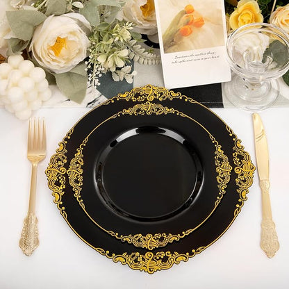 102PCS Black and Gold Plastic Plates - Black Disposable Plates - Heavyweight Disposable Plate with Gold Rim - Fancy Dinner & Dessert Plate for 51 Guests Weddings & Party