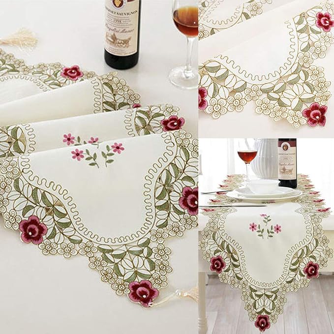 LeLehome 15 Inch X 104 Inch Classic Table Runner Flowers Embroidered Lace Beige - Image 6