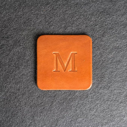 Ox & Pine Personalized Leather Coaster - Sold Individually or in Sets of 4 - Customize Inscription - 100% Full-Grain Leather – 4" Round or 4" Square (Square, Brown, 1 Individual Coaster)