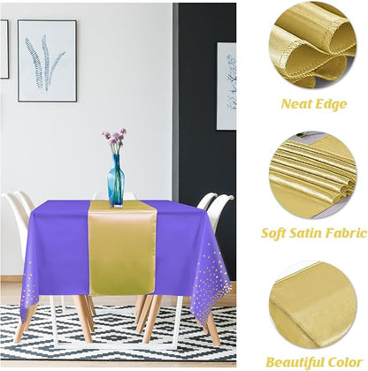 8Pack Disposable Plastic Tablecloths and Satin Table Runner Set Purple and Gold - Image 3